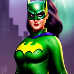 ultra detailed fullbody portrait of beautiful busty Batgirl DC Universe, wearing skintight green costume, extremely detailed digital painting, intrincate, extremely detailed smiling face,crystal clear Big Green eyes, in the style of adam hughes , mystical colors , perfectly centered image, perfect composition, rim light, beautiful lighting,8k, stunning scene, raytracing