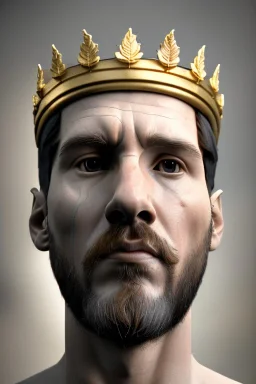 Realistic image, sculpture, white marble material with gold veins, Lionel Messi, gold laurel leaves crown, gold ornaments, Renaissance style, sun rays background, waist up portrait, epic, celestial, cinematic lighting, God lights, 4k resolution, smooth details, soft lighting, unreal engine 5, art station, substance 3d.