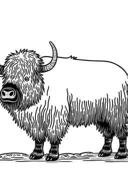 Yak. centered flat minimalistic black and white high contrast line drawing, coloring book style, {prompt}, (white sky, white clouds, white hair, white objects, white clothing, white fur, white skin, white terrain, white scales, white everything:1.1), blank white background.