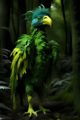big bird 9feet tall with dark green feathers, in a Amazonian forest. looking mysterious and and having a human posture, and make it looking like he wears a costume of his feathers and make it looking mysterious add more green a and add a human next to. make the bird more like an human, make it scary and mysterious add a human next to bird