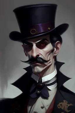 Strahd von Zarovich with a handlebar mustache wearing a top hat looking curious