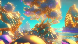 gold crystal cosmic and galactic ambiance hill sky sea ocean space galaxy rocks sunny trees pools surreal, full of details, smooth, bright sunshine，soft light atmosphere, light effect，vaporwave colorful, concept art, smooth, extremely sharp detail, finely tuned detail, ultra high definition, 8 k, unreal engine 5, ultra sharp focus