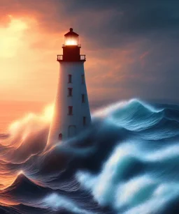 Fantasy, light house, surreal, waves crashing, 8k, sunset, sketch