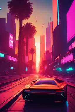 A cinematic photo of Sunset Drive, bathed in warm, neon-lit hues, evoking the nostalgia of Retrowave and 8Bit eras, with bold, geometric shapes and vibrant, electric colors, set against a backdrop of a fiery, synth-heavy sunset, with sleek, futuristic cars speeding by, leaving trails of light, amidst a futuristic cityscape, infused with a sense of retro-futurism, and a hint of digital glitch, with bold, contrasting highlights and deep, rich shadows, capturing the essence of Synthwave's retro-uto