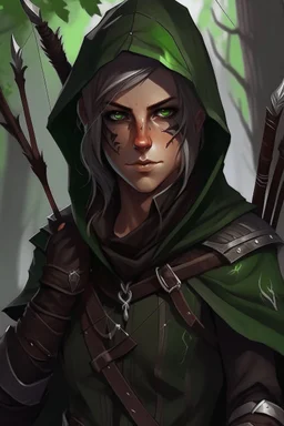 35 year old gender neutral rogue elf, thief assassin, messy mauve hair, bright green eyes, brown skin, black hood, black leather armor, messy, disheveled, trees, sneaky, bow and arrows, long and lean