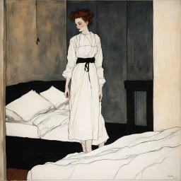 [poster by Egon Schiele]The White Nurse enters in the dimly lit bedroom, shadows danced ominously across the walls as the night grew darker. The room is filled with terror as the monstrous presence beneath your bed stirred and twisted, its eerie limbs creeping out into the moonlit room. Just as fear threatened to consume you, a soft, soothing voice cut through the darkness.