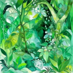 A mint colored jungle with crystals and gems painted by Paul Cezanne