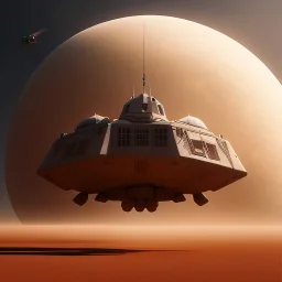 volumetric desert environment, Ralph McQuarrie style painting of an armored hovercraft, floating in the air, highly detailed, renderman, duststorm at sunrise