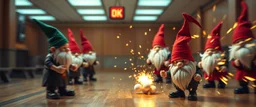 professional gnomes bowling in hall, motion blur, strike, crushing explosion