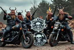 a very hard and tuff motorcycle young gang with viking hair, not old, posing with their Harley Davidsson bikes, some of them holding guns and shotguns, a logo sign with "FALKÖPING HD", "FEARLESS SINNERS" Skulls and bones, skeletons and fire, Sweden vikings DEMONS, Swedish flags on bikes