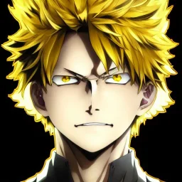 Detailed anime portrait of bakugo from my hero academia, gold hair and golden eyes, black suit, intricate details, full body portrait, keep head in frame, slight smile, black Japanese motif, concept art, highly detailed, digital painting, concept art, sharp focus, illustration, art by Yoji Shinkawa, WLOP and greg rutkowski and alphonse mucha and artgerm and yanjun Chen and Junji ito and Makoto Shinkai, HDR, octane render