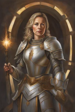 Portrait Art **Featured Art:** The Guided Warrior: A portrait of Joan in her armor, with a divine light illuminating her from above. This could symbolize her claim of acting under divine guidance. The light could be made up of words representing civil, public, and labor rights, showing her fight for justice. **Appearance:** art ideas that encapsulate the essence of Joan of Arc (an French female / women patron saint of France, honored as a defender of the French nation for her role in the siege o