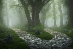 wooded forest cobblestone path lantern