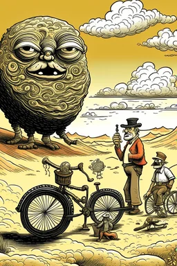 giant old bicycle with pepe on the top smoking in the desert with small people around in the style of Hiroshi Nagai