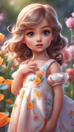A little girl, adorable, big beautiful eyes, in dress, in flowers, cartoon, close-up, bright colours, digital graphics, fantasy, unreal engine, blender art by artgerm, perfect composition, octane rendering, masterpiece, sharp focus, high detail, art station, concept art, perfect composition, a model of ultra-high quality and clarity, perfect play of light and shadow, 32k UHD, hyper-detailing,