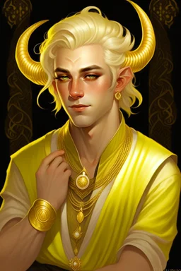 young man tiefling with white blonde hair and lots of gold jewelry, wearing white and gold