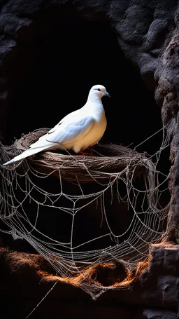 A white dove sitting in a nest i font of A very fine spider web in front of a dark cave entrance . Beg birds nest with a dove sitting in it inBOKEH shot style of time-lapse photography, fujifilm provia 400x, 100mm lens, luminous shadows, renaissance-inspired , home and garden, wildlife nature photography, HDRI.