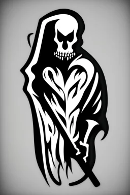 Extremely simple, fun and monochrome logo representing the face only of the grim reaper. Black on white background