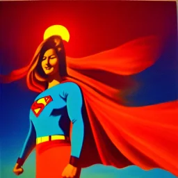 superwoman. photographic, bright colors and sunset, oil on canvas, kodachrome, volumetric light