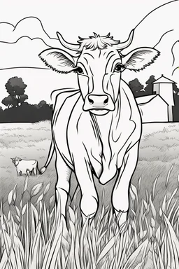 coloring page, cow in a grassy meadow, cartoon style, thick lines, low detail, no shading