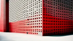 CUBIC BUILDING of concrete with red perforations