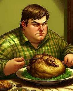 Portrait d'un jeune homme mangeant un grand poulet rôti, ultra obèse; cheveux bruns et teint blanc, porte une chemise à carreaux de couleur vert olive. HD portrait, Artstation