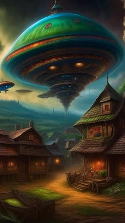 Bosch painting style nightmare “UFO “ flying over a cyberpunk medieval village - ultra high quality, sharp focus, focused, high focus, very sharp, high definition, extremely detailed, hyperrealistic, intricate, fantastic view, very attractive, fantasy, imperial colors, colorful