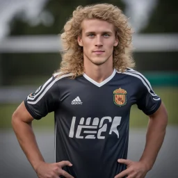 85mm DSLR color photography of a very detailed headshot fitting all of head and hair in frame. 22-year-old Germen soccer player, with blonde hair color and no facial hair and has long curly hair with a small smile, grey background