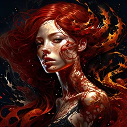 beautiful red hair woman, Black ink flow, 8k resolution, photorealistic masterpiece by Aaron Horkey and Jeremy Mann, intricately detailed fluid gouache painting by Jean Baptiste, professional photography, natural lighting, volumetric lighting, maximalist, 8k resolution, concept art, intricately detailed, complex, elegant, expansive, fantastical, cover, brass and chrome tones