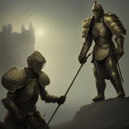 a Midieval knight in metallic gold and grey battle armor, attacking and holding a hockey stick, a highly detailed illustration, background of Celtic castle, realistic render, in style of tomasz alen kopera,