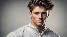 The picture depicts a young man exuding strength and charisma, appearing confident and magnetic. This young man has strong facial features and eyes radiating enthusiasm and self-assurance, adding undeniable allure to his presence. His hairstyle reflects his fitness and readiness for challenges. Body language conveys strength and radiance, perhaps in a poised and charismatic posture, indicating leadership qualities and self-confidence. A prominent smile on his face may be a striking element that