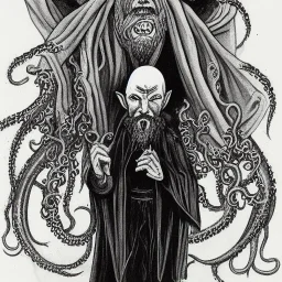 Nosferatu vampire with a beard made of tentacles as a Russian Orthodox with vampire fangs