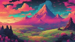 Breath of the wild, comic style, mythical 80s landscape, negative space, space quixotic dreams, temporal hallucination, psychedelic, mystical, intricate details, very bright neon colors and deepblack, 4K desktop, pointillism, very high contrast, chiaroscuro