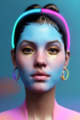 Ultra Realistic image, Rosalía artist, portrait, waist up portrait, black eye line, sweet face, gold pink and blue geisha style, spray line make up, geometric, led lights, neon, rings piercing, led ornament, fog, bubble latex coat, vibrant color, highly detailed, art stations, concept art, smooth, unreal engine 5, god rays, ray tracing, RTX, lumen lighting, ultra detail, volumetric lighting, 3d, finely drawn, high definition, high resolution.