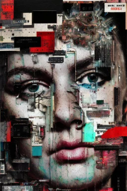 Ultra detailed medium portrait painting of anxiety , torn up collage of clippings, broken circuitry background, matrix effects, punk visual art, punk art aesthetic, graffiti art, pop surrealism, collage art, cluttered paint glitches