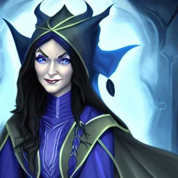 dungeons and dragons character, female half-elven sorcerer wearing a dark blue dress with long black hair, dark blue eyes, and mysterious facial expression, smiling, close-up, realistic