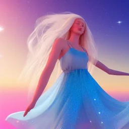 Full body white woman with legs, long blond hair, blue eyes, pink and blue dress in a galactic ambiance, delicate colors in the foreground, full of details, smooth, light effect，vaporwave colorful, smooth, extremely sharp detail, finely tuned detail, ultra high definition, 8 k, unreal engine 5, ultra sharp focus