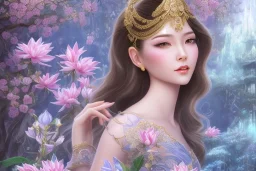 only one pretty asiatique girl just before a magical crystal flower lotus magnolia lys bougainvillier, blue gold house indian palace castle in the woods, magnolias pink,blue lake,sun,white swanns,pink vertical, blue lake,sharp, vines, candlelit, endor, ornate, elegant, highly detailed, artstation, concept art, smooth, sharp focus, illustration, 8k, splash art, wallpaper, key visual