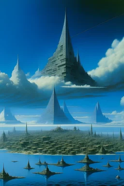 a utopia futuristic city filled with triangular buildings by the seas Jean Giraud, blue sky with clouds