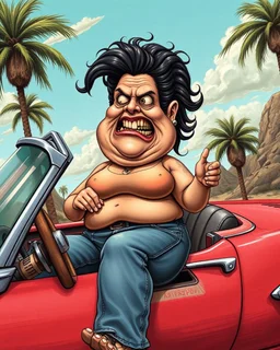 Consuela fat disgusting Mexican woman in a tank-top and jeans, illustrated in a RAT Fink Ed Roth's monsters Style driving a convertible car, big head with small body