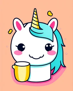 create a 2d outline, minimalist kawaii unicorn smiling and holding happy cup of coffee, high quality, colorful,colors, with beatiful background