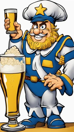 Captain Crunch holding a large glass beer mug