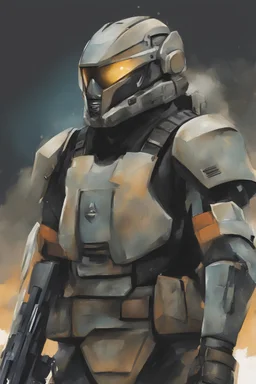 japanese sci-fi futuristic soldier in armor, watercolor style, ultra detailed character, simple background, oil painting style, dark colors, dramatic lighting