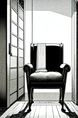 chair in the middle of an empty room, grayscale