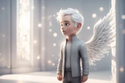 A silver-haired, balding chibi angel man stands in front of a sparkling white room wall, gazing eagerly at it in sunshine, ethereal, cinematic postprocessing, dof, bokeh Weight:1 detailed matte painting Weight:0.9