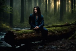 evan buckley with long dark hair and blue eyes sitting on a log , photorealistic, 4k, dark fantasy