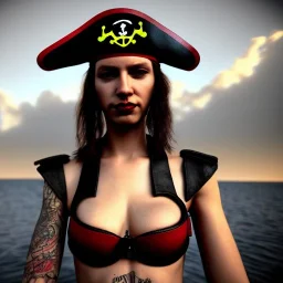 illustrator, hyper realistic, young spanish pirate girl, short hair.lips red smiling. tatoos on neck. dressed in leather and bra. pirate ships. comic pirat flag. high details, thunderstorm. 4k, unreal engine, misty, tintoretto