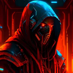 Cyberpunk male character cloaked in shadow, neon orange accents highlighting circuitry-laden electronic mask and hood, focusing on the interplay of technology and fabric, bathed in a contrasting cybernetic glow, digital painting, dramatic lighting, ultra fine details.