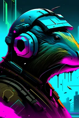 capybara with rilfe M4 with helmet with neon background color with text Szczepan with cyberpunk style