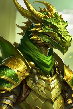 Dragonborn DnD, golden, friendly face, green knight